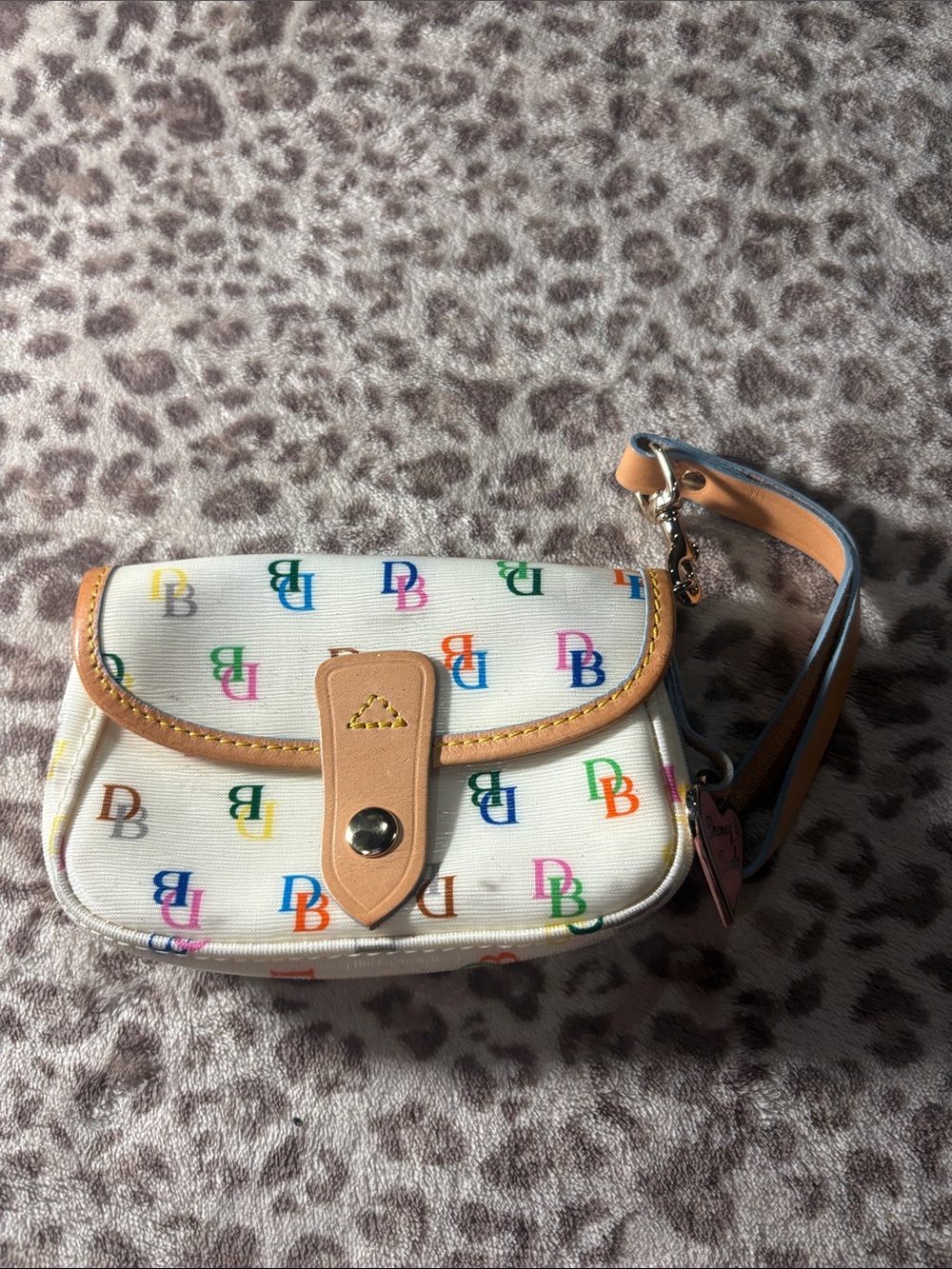 Dooney & Bourke White Multicolor DB Logo Wristlet with Tan Trim
